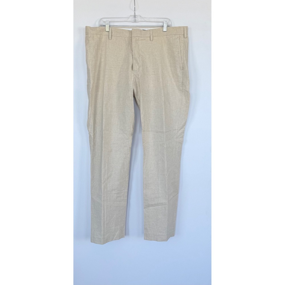 HM Slim Fit Linen Blend Pants Men 38 Beige Oatmeal Trousers Preppy Resort Office